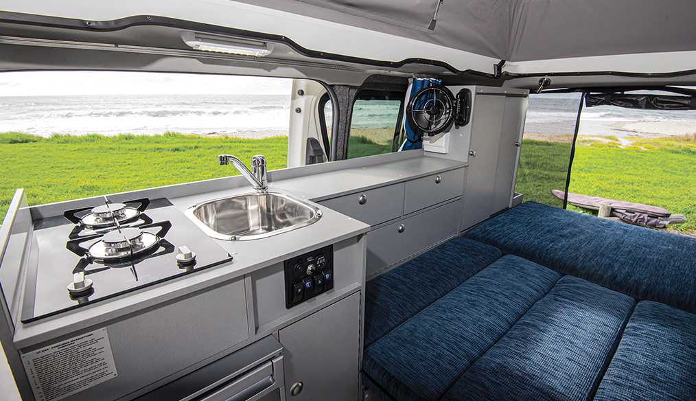 Toyota Hiace Frontline Campervan cabin open view out to beach