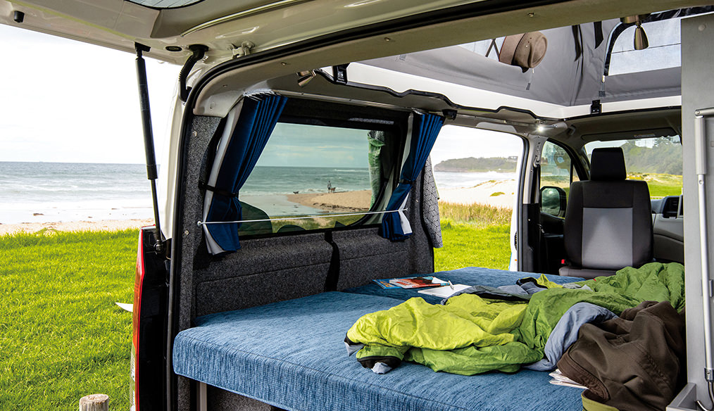 Toyota Hiace Frontline Campervan cabin open view out to beach