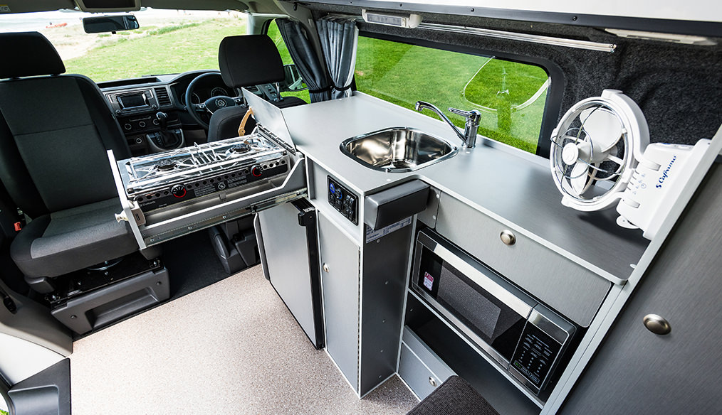 VW T6 Transporter Frontline Campercan interior cabin kitchenette