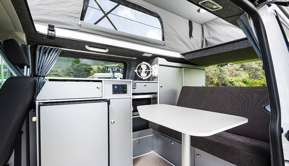 VW T6 Transporter Frontline Campervan interior cabin kitchenette pop top