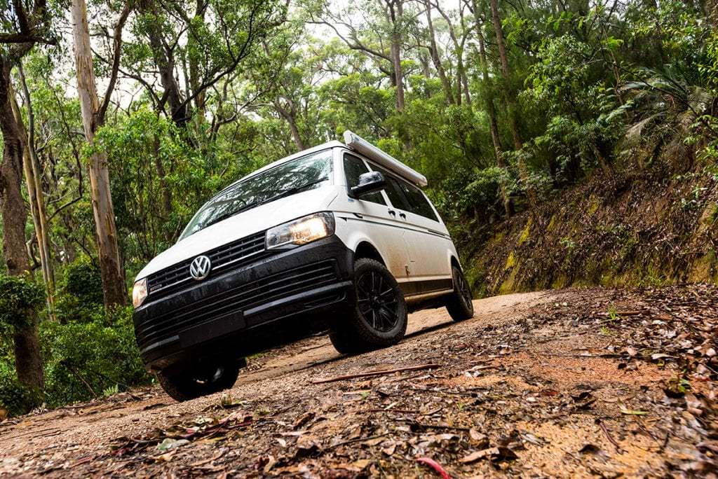 WV T6 Transporter Frontline Campervan driving off road in Australia bush